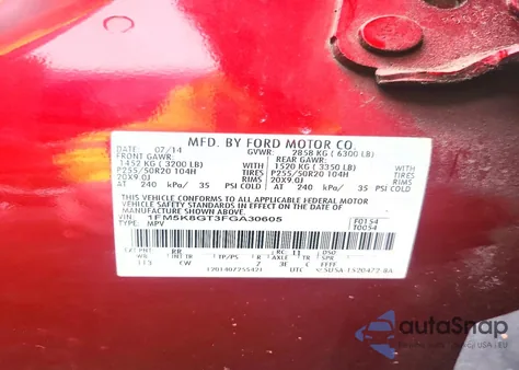 2015 Ford Explorer Sport из США, поврежденный, VIN 1FM5K8GT3FGA30605